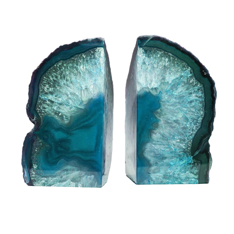 AMOYSTONE Teal/Green Agate Bookends, Heavy-Duty Large Book Ends for Heavy Books, Unique Sujetalibros 6-8 LBS with Rubber Bumpers, Perfect for Office Bookshelf and Home Decor - Image 2